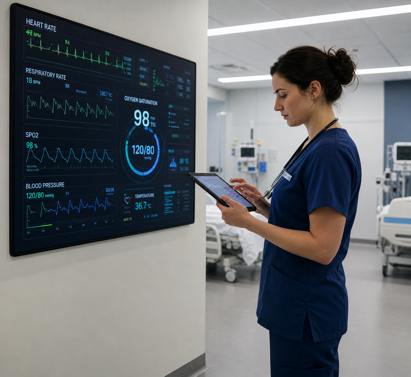 Nurse reviewing a patient vital signs monitor